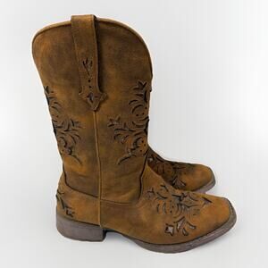 Roper Kennedy Boots Womens Size 7 Cognac Glitter Tooled Inlay Square Toe Western